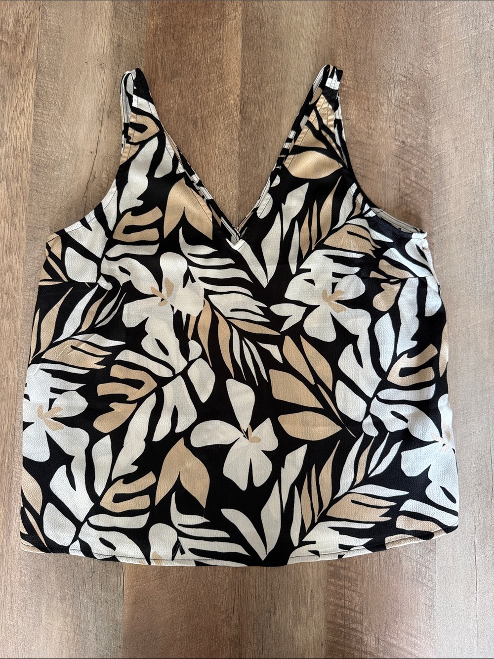 Floral V-Neck Tank Top in Black, White & Beige Medium